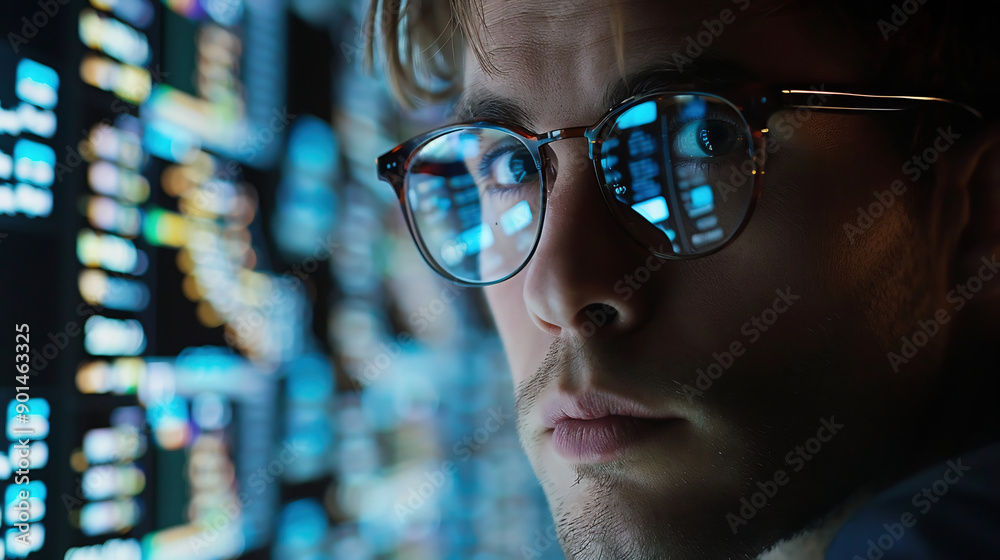 Close-up It Professional With Glasses, Focused On Screen Displaying Complex Code And Digital Data Streams, Ambient Lighting.
Close-up It Professional With Glasses, Focused On Screen Displaying Complex Code And Digital Data Streams, Ambient Lighting.