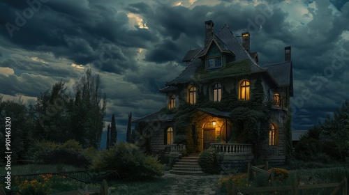 House At Night. Residential Home Exterior in Evening Light under Cloudy Sky