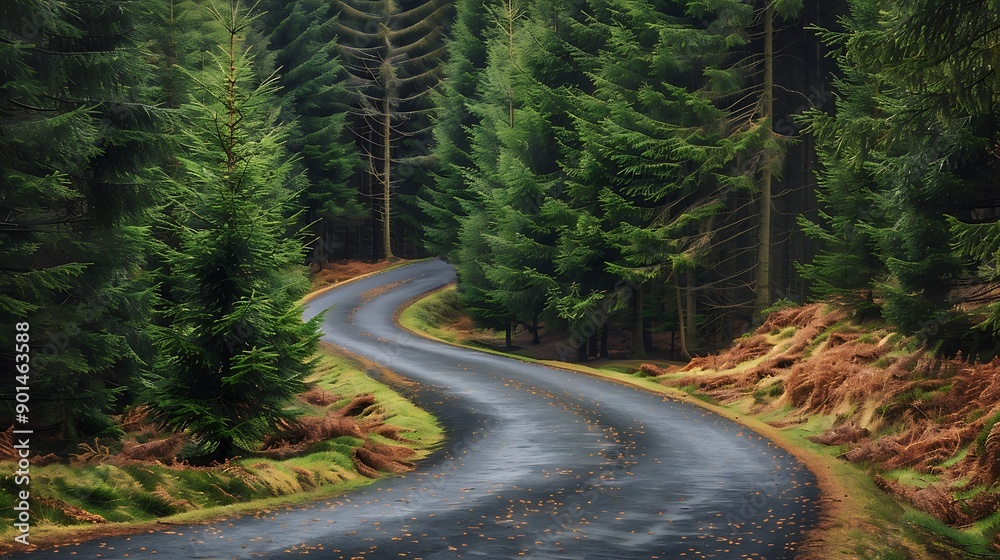 A winding road through a coniferous forest. Tall pine trees stand on either side, their needles carpeting the road and filling the air with their fresh, crisp scent. A winding road through a coniferous forest. Tall pine trees stand on either side, their needles carpeting the road and filling the air with their fresh, crisp scent.