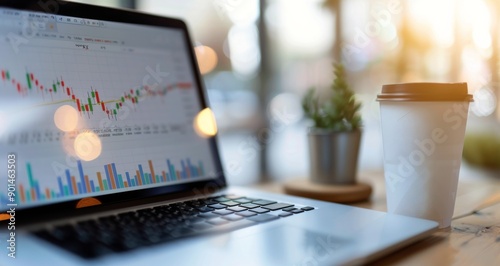 Laptop Showing Stock Market Data in Cafe