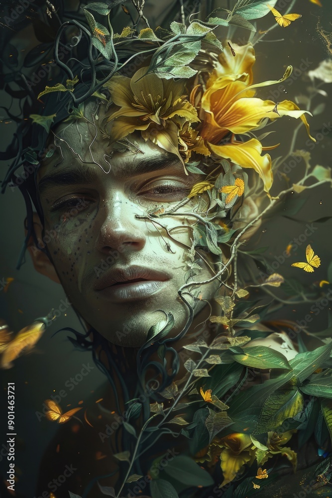 A man's face is covered in leaves and flowers A man's face is covered in leaves and flowers