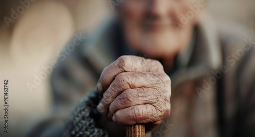 Elderly Man's Hand on Walking Stick