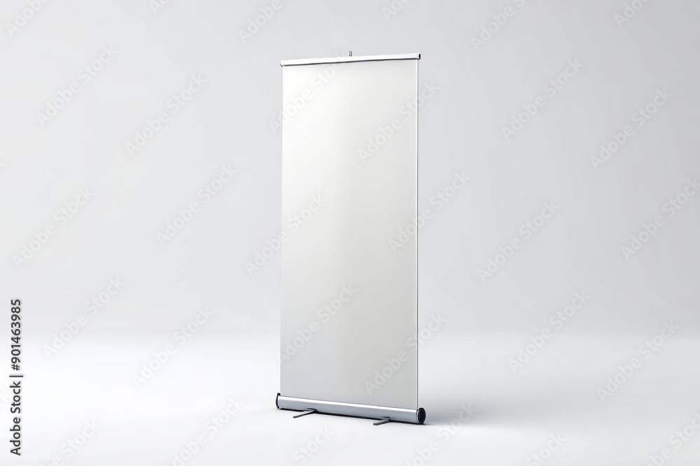 Empty white roll-up banner mockup standing upright on a clean white background, perfect for displaying promotional messages or company branding. Empty white roll-up banner mockup standing upright on a clean white background, perfect for displaying promotional messages or company branding.