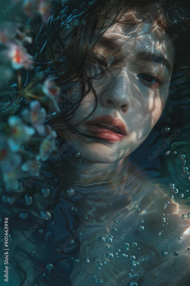 A woman is in a pool of water with her hair wet A woman is in a pool of water with her hair wet