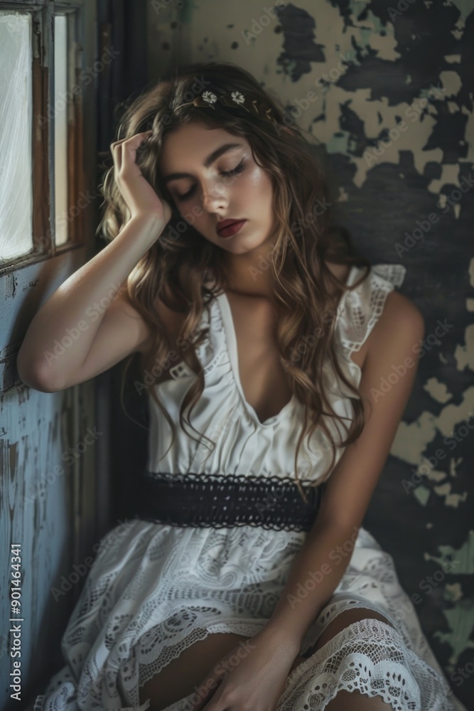 Fototapeta premium A woman in a white dress is sitting in a window