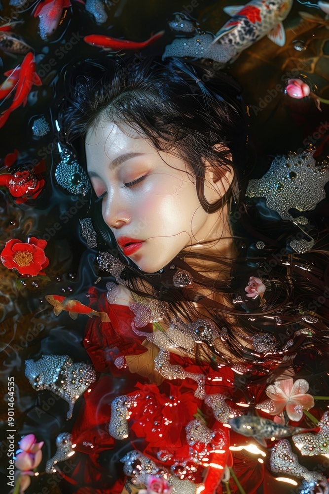 A woman is floating in a pool of water with flowers and bubbles A woman is floating in a pool of water with flowers and bubbles