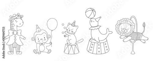 Outline cute circus funny animals. Hand drawn isolated line illustration for coloring book