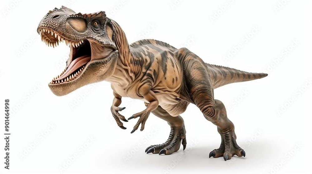 Fototapeta premium A Highly Detailed, Realistic Adult Tyrannosaurus Rex With Its Mouth Open, Isolated On A White Background, Full Body Shot. 
