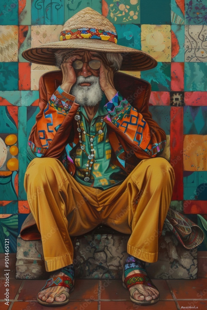 A man in a colorful outfit sits on a rock with a hat on his head A man in a colorful outfit sits on a rock with a hat on his head