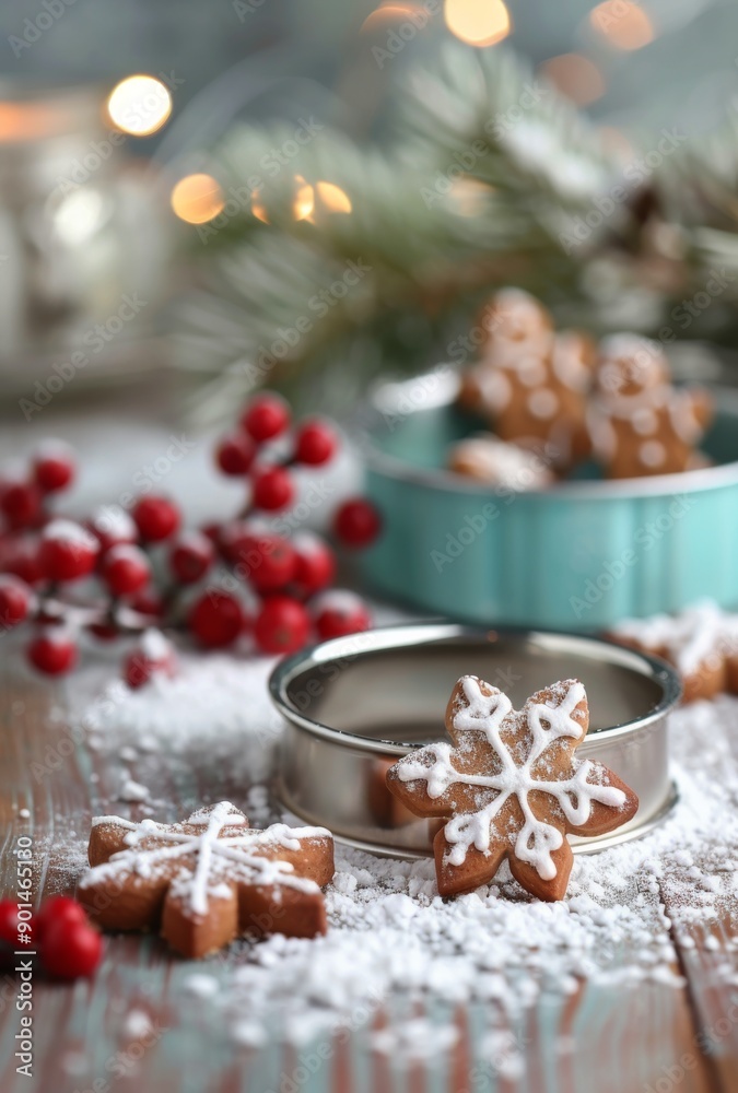 Red Berries and Cookie Cutters on Snowy Surface Red Berries and Cookie Cutters on Snowy Surface