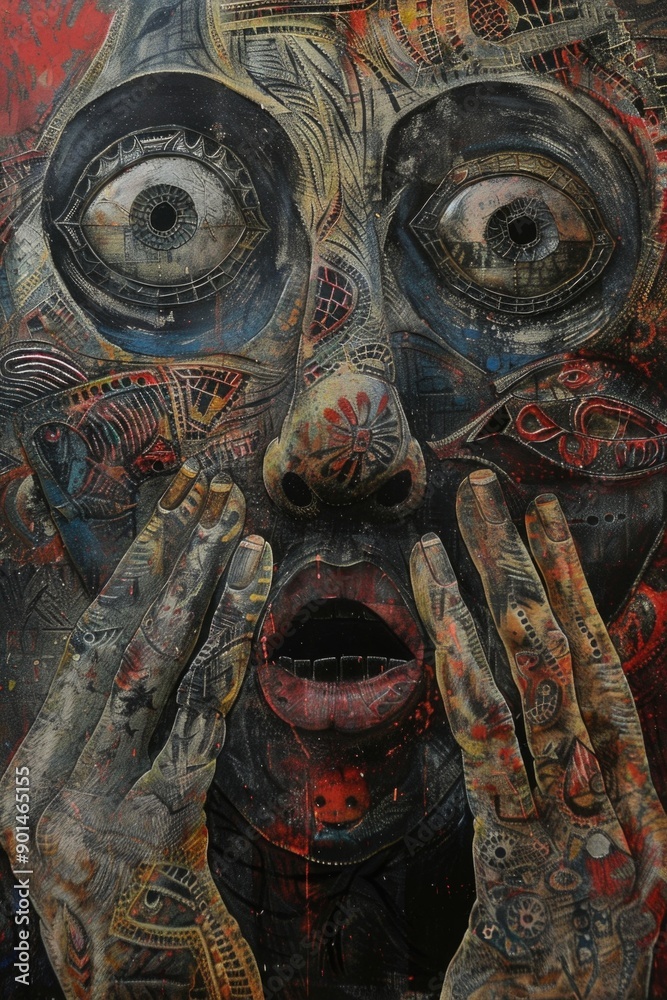 A painting of a face with a mouth open and eyes wide open A painting of a face with a mouth open and eyes wide open