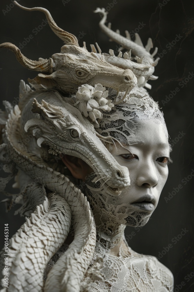 A woman with a dragon headpiece and a dragon tail A woman with a dragon headpiece and a dragon tail