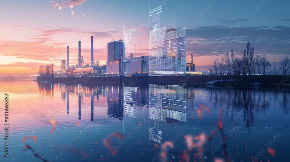 Green Energy Oasis Zero Emission Power Plant Illuminated by Twilight on Riverbank with EcoFriendly Data Overlays Green Energy Oasis Zero Emission Power Plant Illuminated by Twilight on Riverbank with EcoFriendly Data Overlays