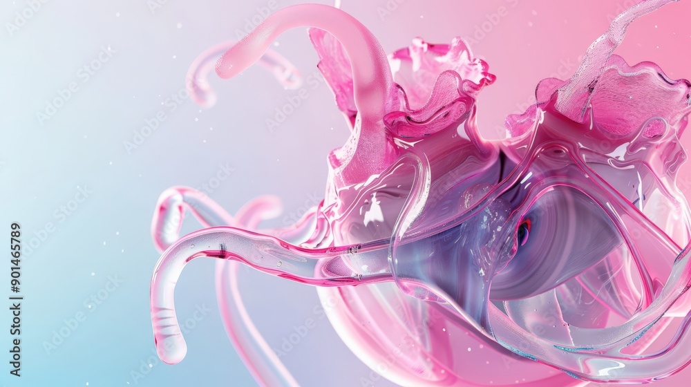 Fototapeta premium A pink blob with a purple eye is floating in the air