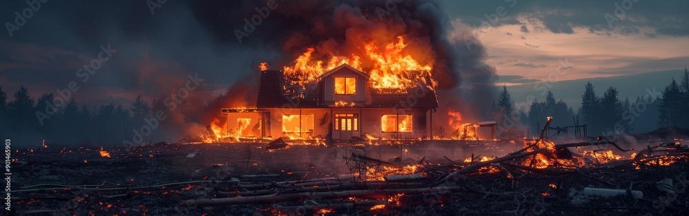 House Burning Fiercely Under Twilight Sky House Burning Fiercely Under Twilight Sky