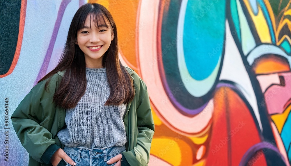 A stylish teenage girl in a trendy outfit, posing confidently with one hand on her hip and a A stylish teenage girl in a trendy outfit, posing confidently with one hand on her hip and a
