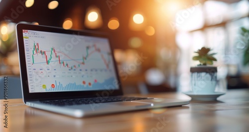 Laptop Showing Stock Market Data in Cafe