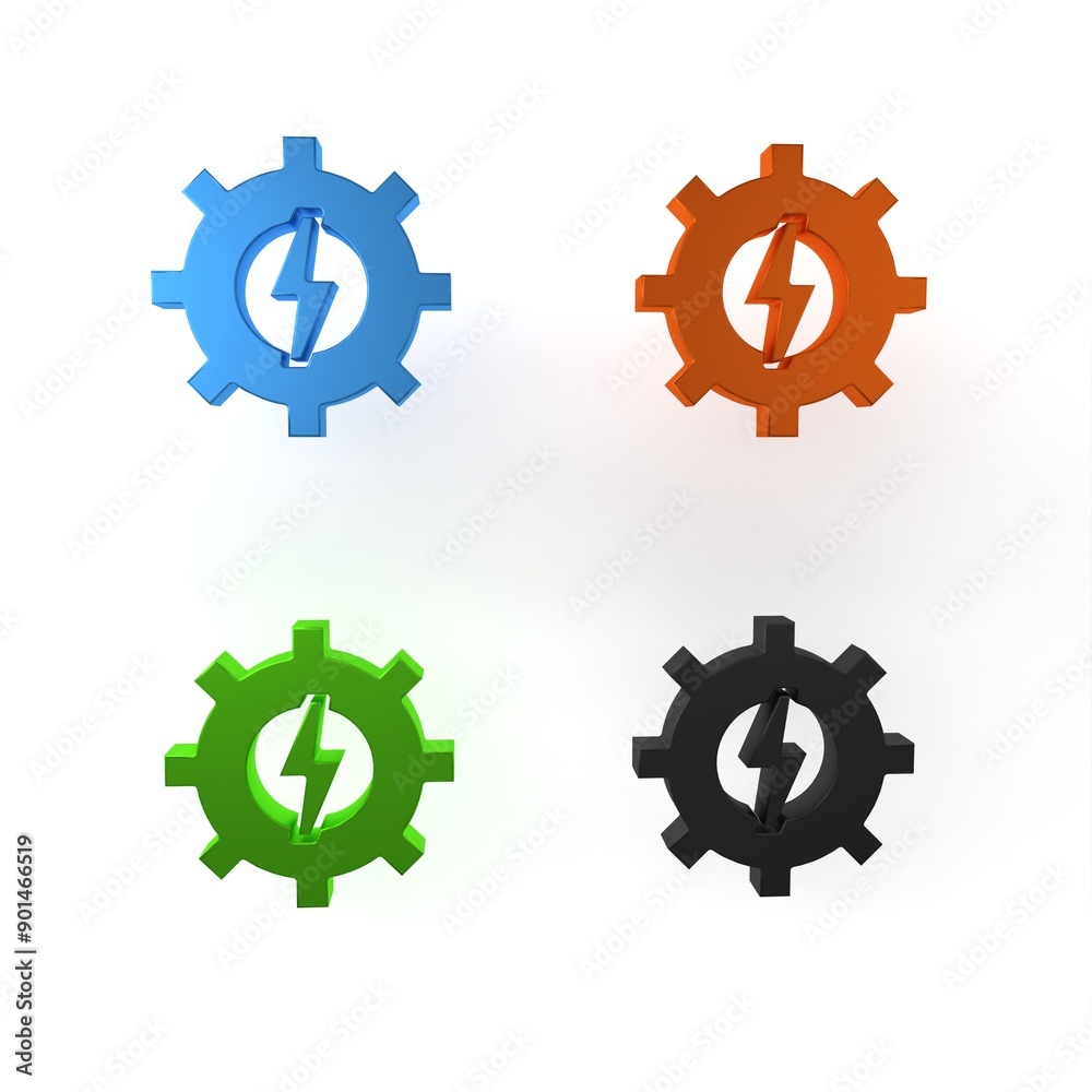 Colorful Gear and lightning icon isolated on white background. Electric power. Lightning bolt sign. Minimalism concept. 3D render illustration Colorful Gear and lightning icon isolated on white background. Electric power. Lightning bolt sign. Minimalism concept. 3D render illustration