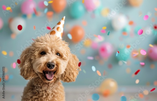 Happy Dog in Party Hat With Confetti