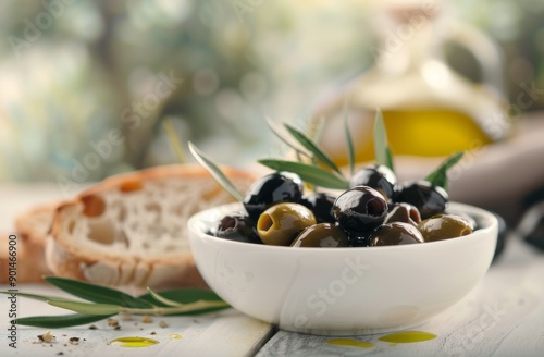 Green and Black Olives in White Bowl