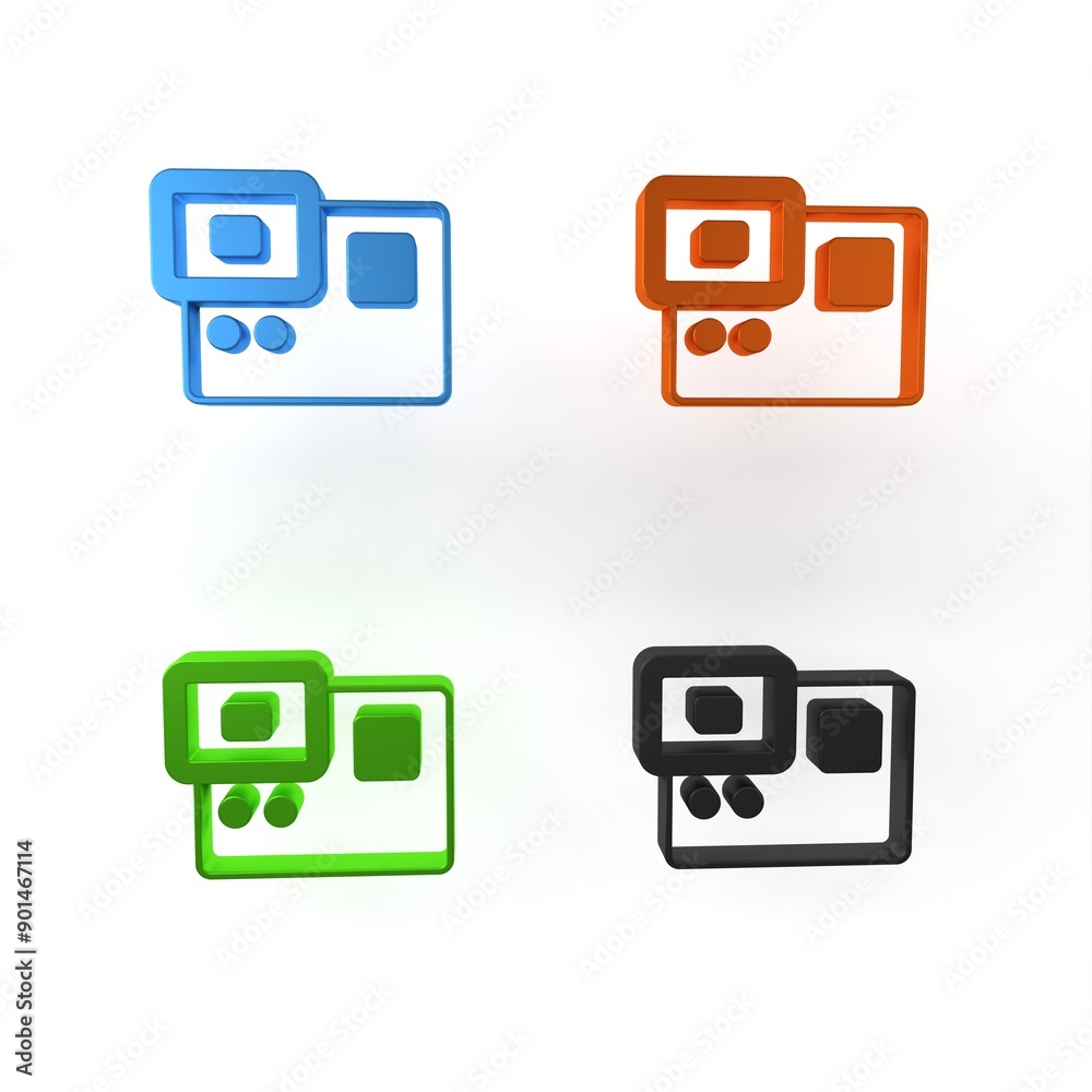 Colorful Action extreme camera icon isolated on white background. Video camera equipment for filming extreme sports. Minimalism concept. 3D render illustration Colorful Action extreme camera icon isolated on white background. Video camera equipment for filming extreme sports. Minimalism concept. 3D render illustration