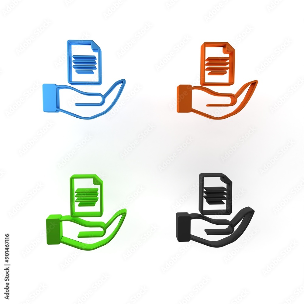 Colorful Contract in hand icon isolated on white background. Insurance concept. Security, safety, protection, protect concept. Minimalism concept. 3D render illustration Colorful Contract in hand icon isolated on white background. Insurance concept. Security, safety, protection, protect concept. Minimalism concept. 3D render illustration