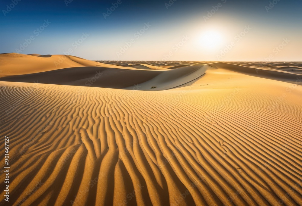 Naklejka premium expansive rolling dunes under clear blue sky gentle sand ripples serene desert landscape, hill, horizon, nature, scenic, tranquil, open, wide, calm, peaceful