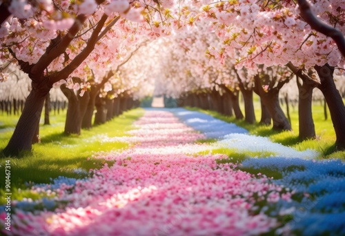 vibrant blossoming cherry orchard full bloom during spring season pink white petals, trees, garden, flowers, blossoms, nature, beautiful, scenic, landscape