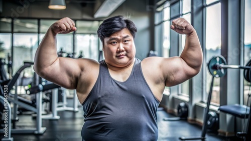 Asian fat man showing muscles at exercise facility, fat man in gym © kansak01
