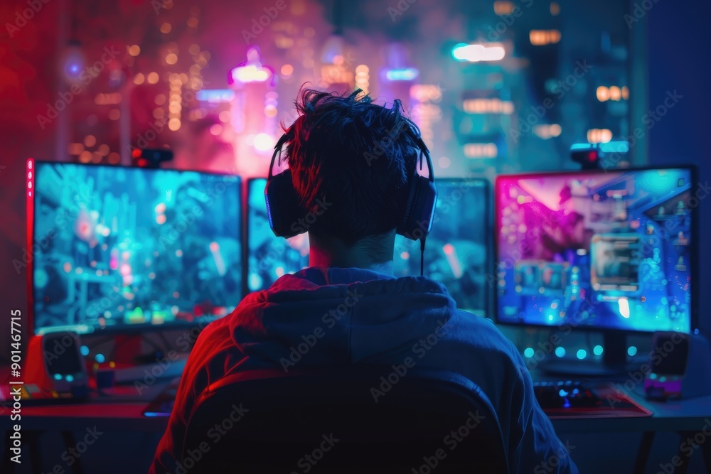 Engaging Gamer Concentrating on Multiple Monitors in a Vibrant Red Background Engaging Gamer Concentrating on Multiple Monitors in a Vibrant Red Background