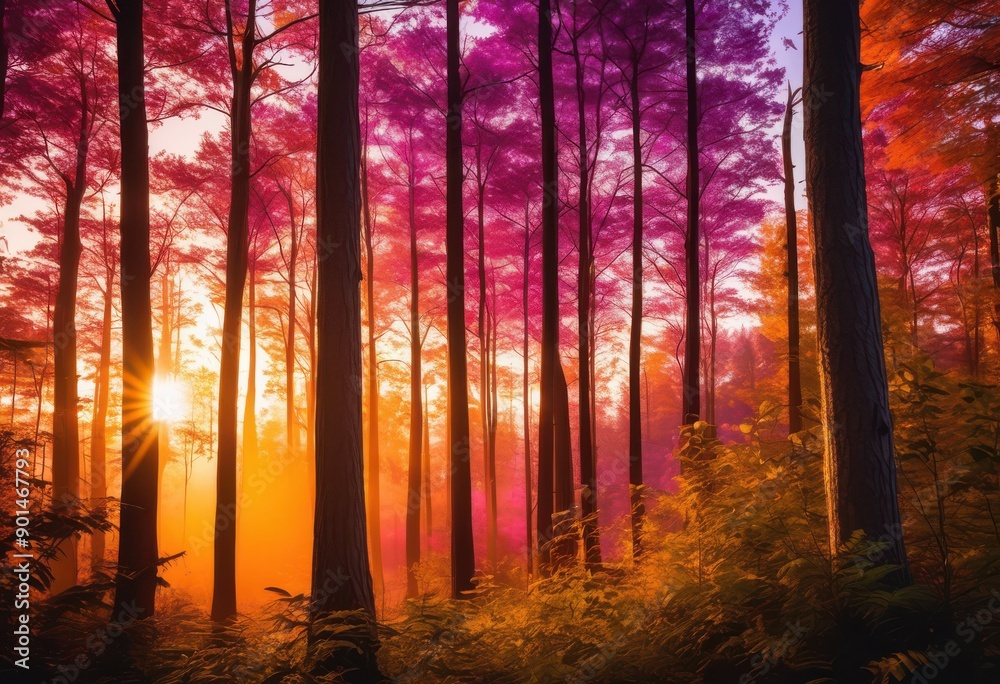 Obraz premium golden sunset casting warm glow over serene forest silhouetted trees vibrant sky, nature, landscape, evening, horizon, dusk, twilight, scenery, tranquil