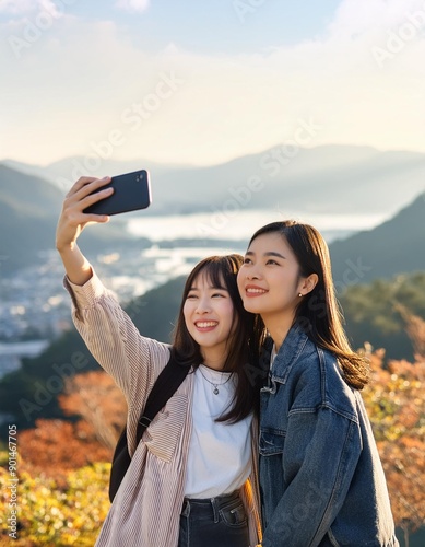A young girl taking a selfie with her best friend, both smiling brightly, with a scenic back 