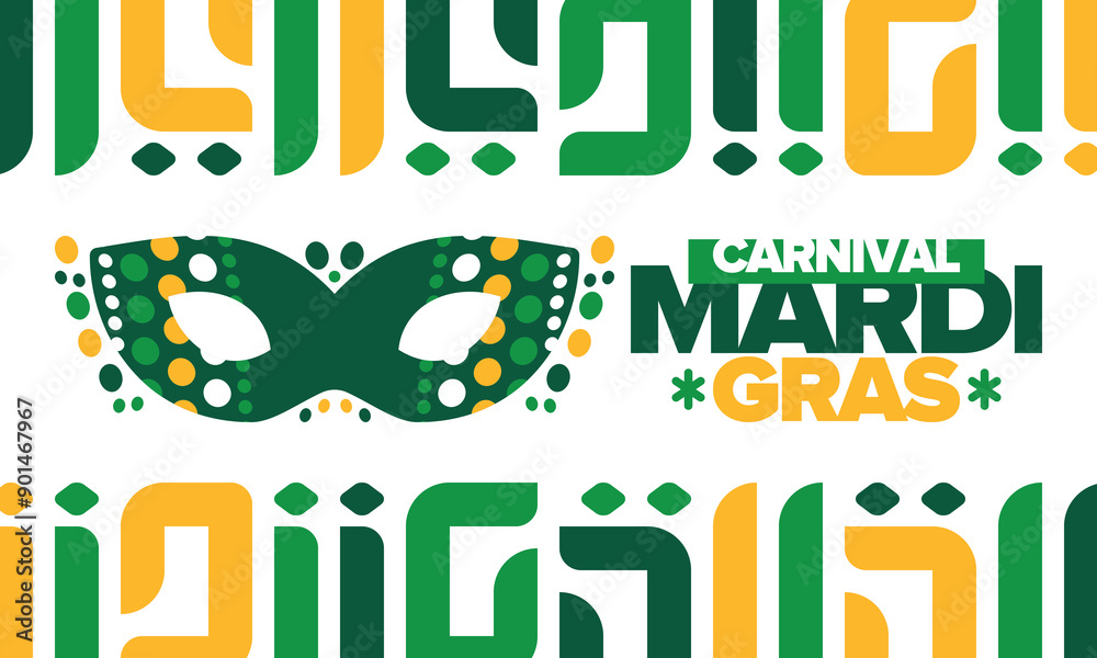 Fototapeta premium Mardi Gras Carnival in New Orleans. Fat Tuesday. Traditional folk festival with parade and celebration. Annual holiday. Costume masquerade, fun party. Carnival mask. Poster, card, banner. Vector