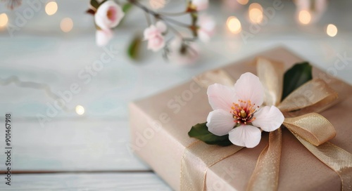 Gift Box With Pink Flower on Wooden Table