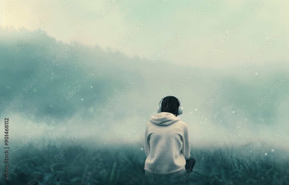 Obraz premium Woman Listening to Music in Foggy Field
