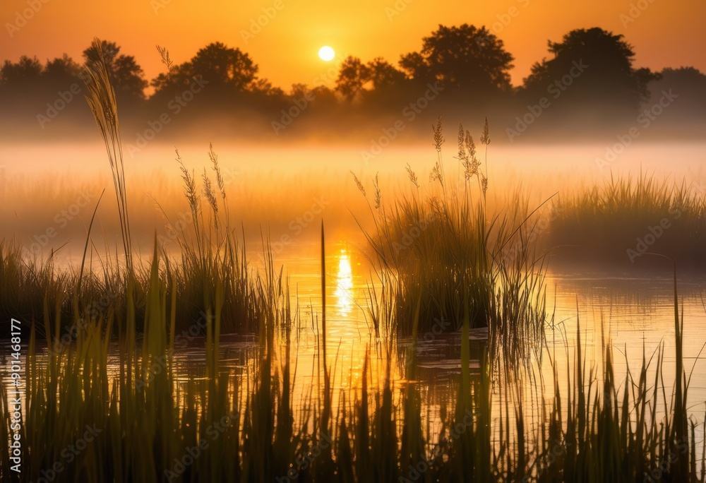 sunrise illuminating foggy marshland golden light misty atmosphere over water grass, wetlands, dawn, reflection, serene, tranquil, ethereal, nature, scenic sunrise illuminating foggy marshland golden light misty atmosphere over water grass, wetlands, dawn, reflection, serene, tranquil, ethereal, nature, scenic