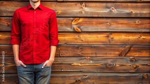 Rustic wooden wall with natural texture and grain serves as a backdrop for a vibrant red shirt, adding a pop of color to a serene setting.