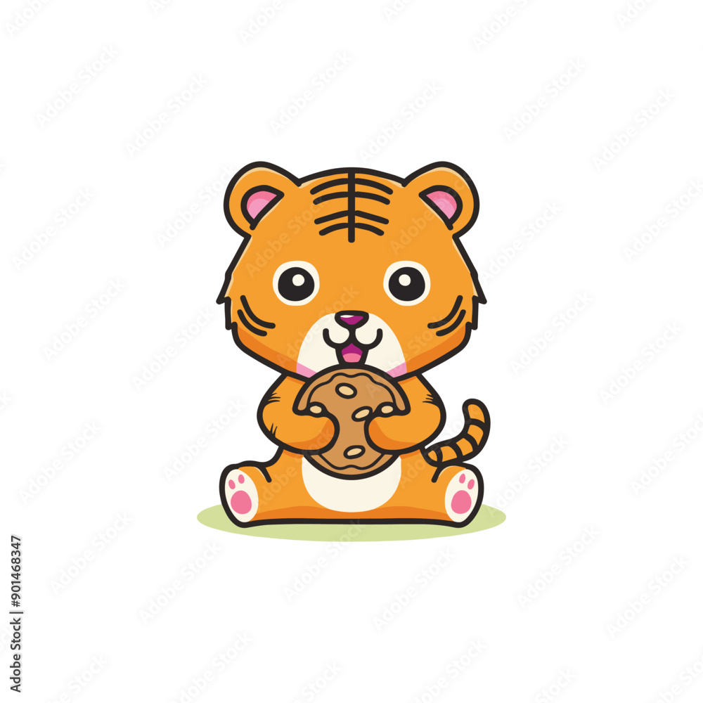 Simple illustration of cute tiger eating a cookie Simple illustration of cute tiger eating a cookie
