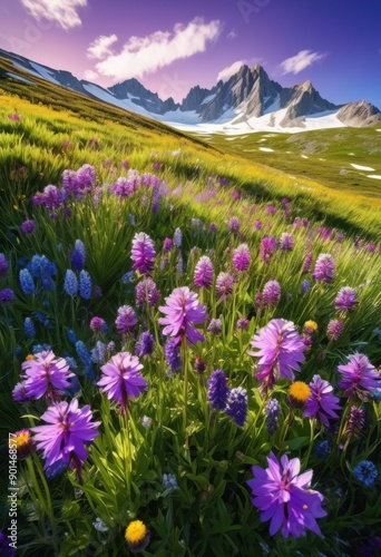 vibrant alpine meadow colorful blooming wildflowers under clear blue sky majestic mountain range, nature, landscape, scenery, outdoor, wilderness, flora, fauna