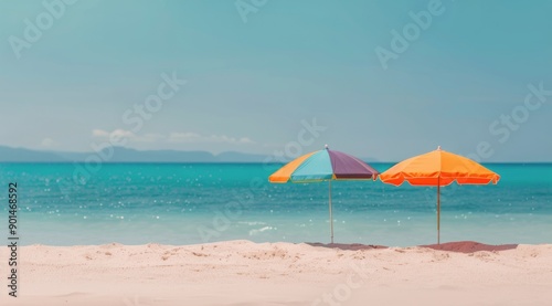 Colorful Beach Umbrellas on Sandy Shore