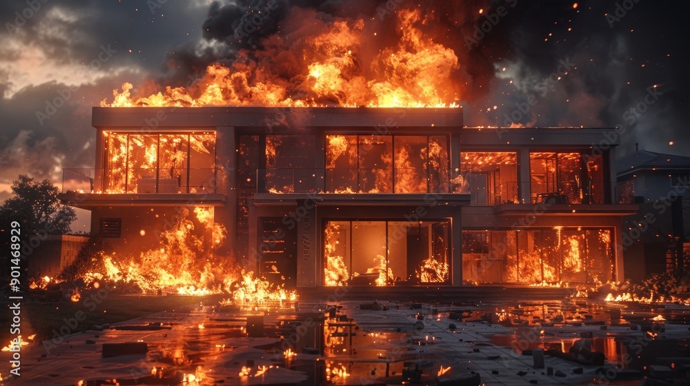 House Burning Fiercely Under Twilight Sky