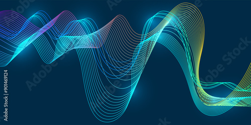 Data flow technological failure concept, vector background illustration with multiple curve lines, blue waves flowing.
