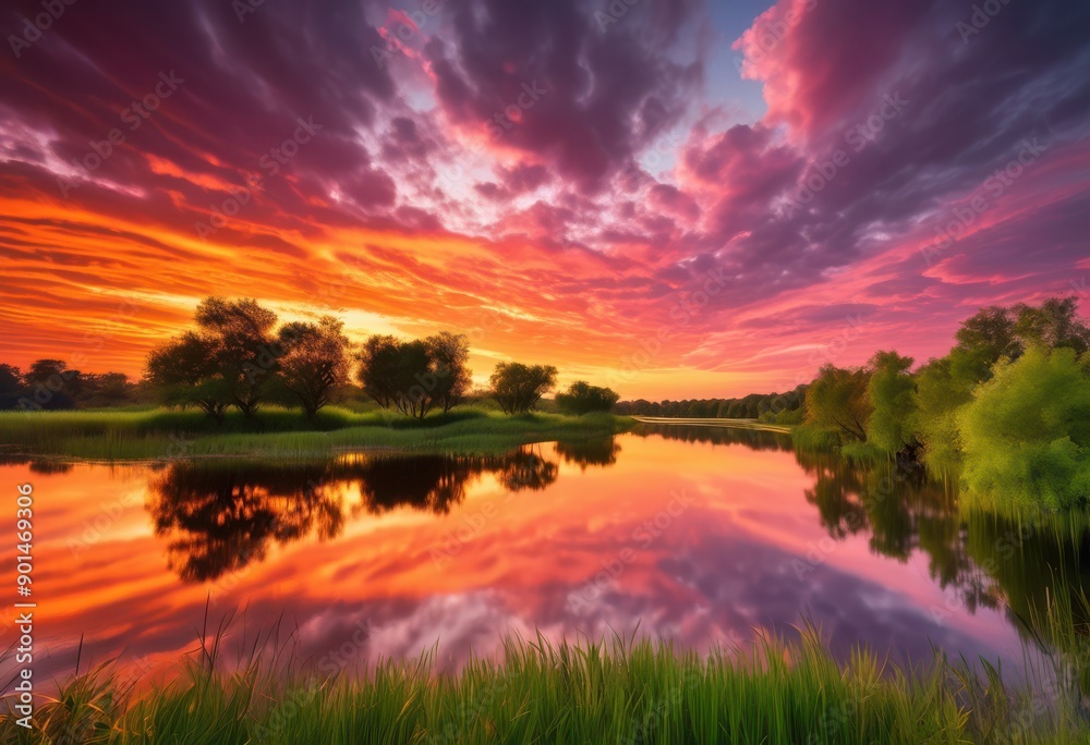 Obraz premium serene sunset over winding river vibrant sky reflective water natural landscape, riverscape, nature, orange, pink, purple, horizon, trees, calm, tranquil