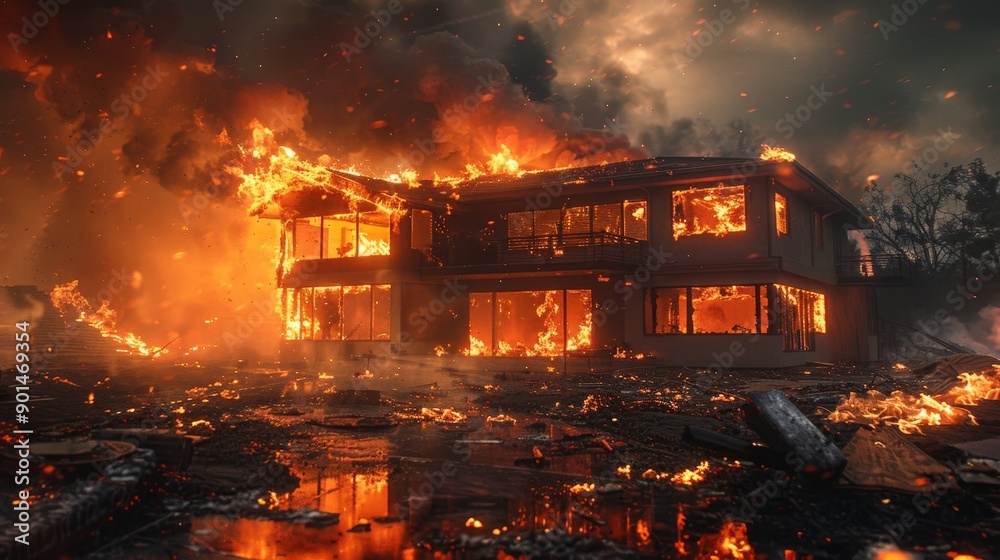 House Burning Fiercely Under Twilight Sky House Burning Fiercely Under Twilight Sky