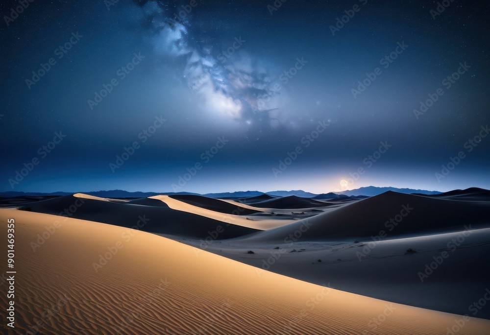 Naklejka premium serene desert dunes under moonlit sky gentle shadows soft silhouettes illuminated moonlight, sand, night, landscape, texture, nighttime, expanse, horizon