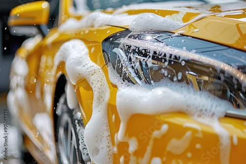 Yellow Car with Soap and Bubbles photo