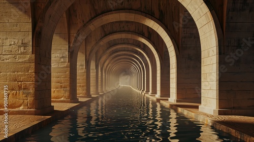 The image depicts a seemingly endless, dimly lit aqueduct or canal. The water reflects the sunlight filtering through the arches, creating a mesmerizing play of light and shadow.