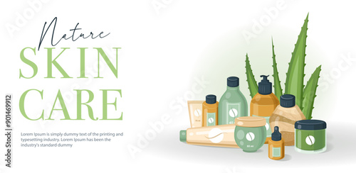 Items for self-care. Spa, aromatherapy and wellness products. . Scented candle, essential oil, soap, stones, leaves. Massage salon items vector illustration