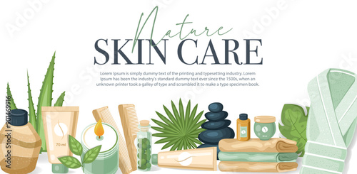 Items for self-care. Spa, aromatherapy and wellness products. . Scented candle, essential oil, soap, stones, leaves. Massage salon items vector illustration