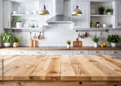 Wallpaper Mural Minimally styled wooden table top against a softly focused Scandinavian kitchen background, ideal for showcasing products or food photography in a clean and natural setting. Torontodigital.ca